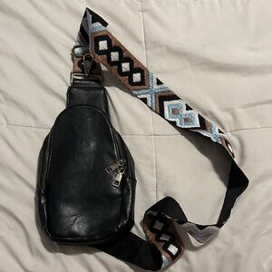 Black Leather Crossbody Bag with Patterned Strap